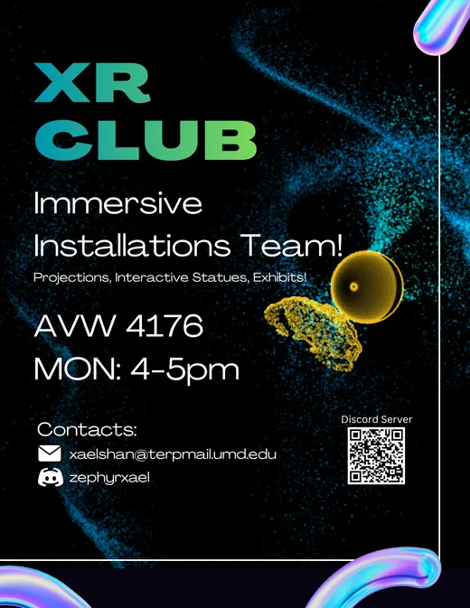 Immersive Installations poster: Mondays 4 to 5 pm, AVW 4176